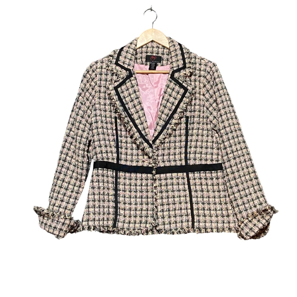 True Meaning Womens Pink Green Plaid Tweed Fringed Blazer Jacket Size 12 Preppy